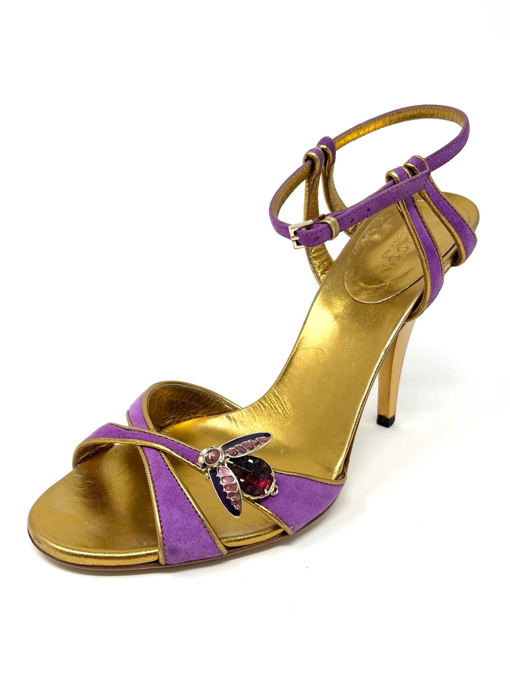 Vintage Gucci By Tom Ford Y2K Purple Suede Gold Jewel Bee Sandals High Heels 8